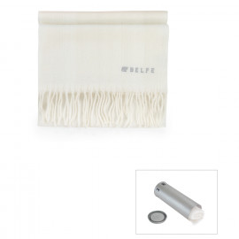Fringed twill scarf. In cylindrical gift box