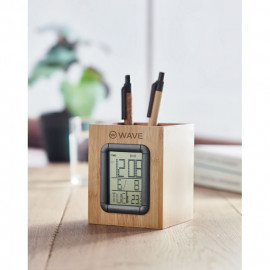 Бамбукова поставка за химикалки с календар, будилник и термометър